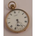 A 9 carat gold open faced pocket watch, the white dial with seconds display to the base, Roman