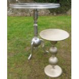 A metal tripod table, with a circular top, diameter 31ins, height 36.5ins, together with another