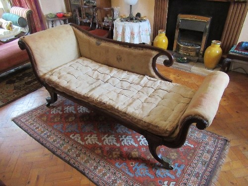 A Regency mahogany framed chaise longue, in the manner of George Bullock,  having scroll ends, - Image 4 of 15