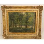 Daubigny,  oil on canvas, woodland scene with figure crouching, unsigned, label to reverse, 10.