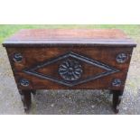 A small reproduction six plank coffer, width 24ins x depth 11ins x height 18ins