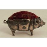 A novelty silver pin cushion, formed as a pig, Chester 1907