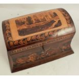 A 19th century dome topped Tunbridgeware caddy, the cover decorated with a view of a castle