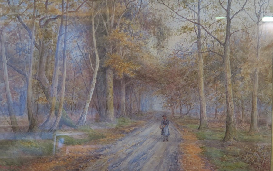 Arthur Edward Strutt, watercolour,  returning from the market, figure walking through woods, 12.5ins - Image 2 of 4