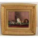 A 19th century rectangular porcelain plaque, decorated with kittens playing on a billiard table, 7.