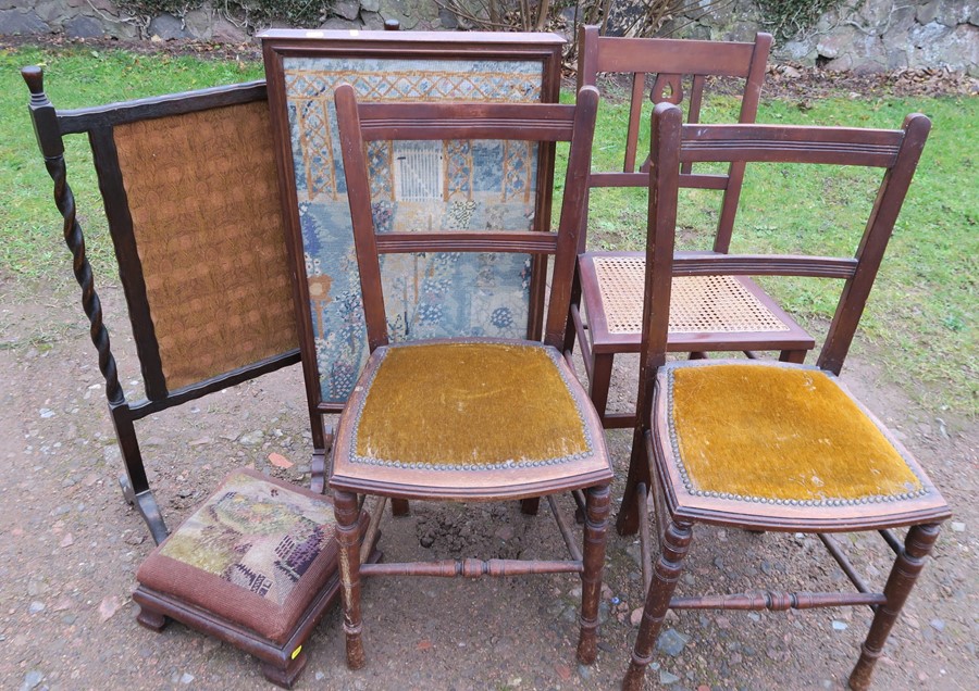 Two fire screens, together with three chairs and a footstool