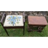 A mahogany piano stool, with tapestry hinged seat, together with a nest of three tables