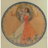 Mary S Old, circular watercolour on wood, woman with garden statue, diameter 13ins