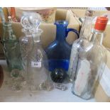 Two ships in glass bottles, three decanters, various stoppers, bubble paperweight, Alfred Sims,