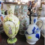 A Doulton Lambeth vase decorated with a girl, together with a Doulton Lambeth jug with pewter