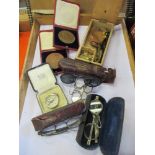 A cased set of scales, together with various spectacles, a compass, an Edward VII Coronational medal