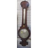 A 19th century walnut banjo barometer, having mercury filled thermometer, the silvered dial engraved