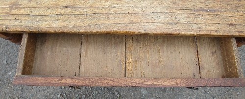 An antique pine side table, fitted with a frieze drawer and raised on turned legs, 43ins x 17.5ins x - Image 2 of 2