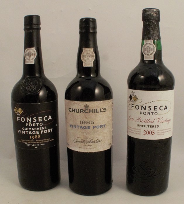 Three bottles of vintage port, 1985 Churchill Vintage, 2005 Fonseca Porto late bottled, and 1988