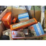 A large box of assorted Hornby and other model railway items, some boxed, including carriages,