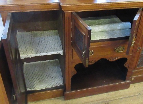 An Edwardian mahogany break front side board, fitted with a cupboard, over a drawer, over a shelf, - Image 2 of 2