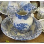 19th century style blue and white wash bowl and jug, decorated with a classical scene and a