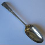 An 18th century Exeter silver spoon, with engraved decoration and initials, Exeter 1785, maker