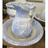 19th century style blue and white wash bowl and jug, decorated with a classical scene and an urn,