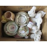 A quantity of decorative items, to include Royal Worcester figures, teaware, carved elephant,
