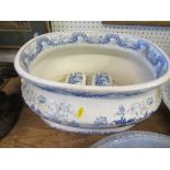 19th century style blue and white foot bath, together with two blue and white soap boxes, footbath