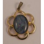An 18 carat gold plated opal triplet pendant, the oval triplet 10mm x 14mm, set into a six loop