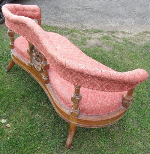 A Victorian show wood settee, with upholstered shaped top rail, having carved and turned supports to - Image 5 of 5