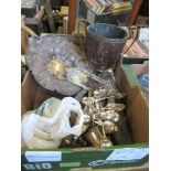 A box of silver plate, including an urn, door handles, cutlery, etc.