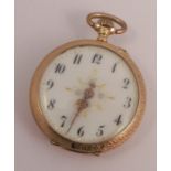 A fob watch, circa 1900, stamped '14c', traces of enamel to the case, metal cuvette, 2.9cm diameter,