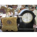 Robert Paris, a gilt metal cased mantle clock, with silvered dial, height 11.5ins, together with