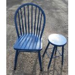 A blue painted kitchen chair, together with a blue stool