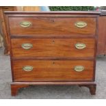 A 19th century mahogany chest of three long drawers, raised on bracket feet, height 34ins x width
