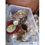 A box of assorted silver plate, copper, etc.