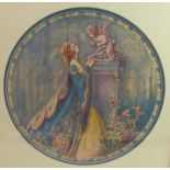 Mary S Old, circular watercolour on wood, mother and child diameter 13ins