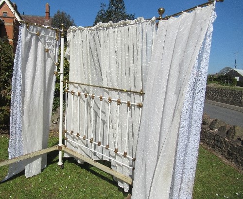 A James Shoolbred & Co brass double bed, with drapes, 83ins x 60ins, height 84insCondition Report: - Image 3 of 6