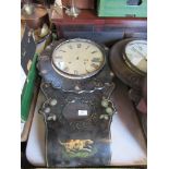 A 19th century papier mache wall clock, with mother of pearl decoration, painted with a dog, very