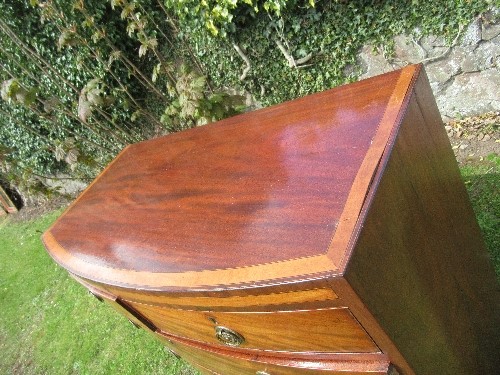 A 19th century mahogany bow fronted chest of drawers, with satinwood cross banding, fitted two short - Image 4 of 6