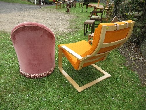 A pine chair, together with an orange upholstered Swedish style open arm chair, and a pink - Image 3 of 3