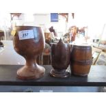 Two treen barrels, and a goblet