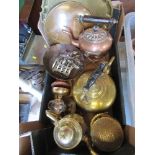 A collection of brass and copper, including spirit kettle, etc.