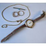 A lady's 9 carat gold wrist watch, cased, together with a chain, a broken 'Russian' wedding ring,