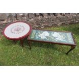A rectangular coffee table, the top with tapestry panel and glass, 39ins x 15ins, height 17ins,