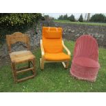 A pine chair, together with an orange upholstered Swedish style open arm chair, and a pink
