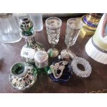 Two over laid green glass dressing table bottles, and five other pieces