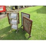 A collection of fire screens, together with a cake stand, decorated with Peter Scott style prints