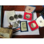 Two World War II service medals, together with various commemorative coins etc