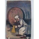 A double sided novelty postcard, the one side with The Somnambulist, filling a jug of ale, the other