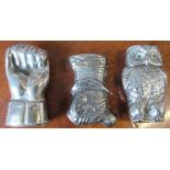 3 novelty vesta cases, owl, fist, and man in top hat
