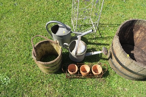 Two watering cans, a metal obelisk, a barrel diameter 25.5ins, and other items - Image 2 of 4