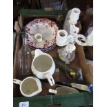 A box of assorted china, including candelabrum, Copeland jug decorated with Ship Recovery Salem,